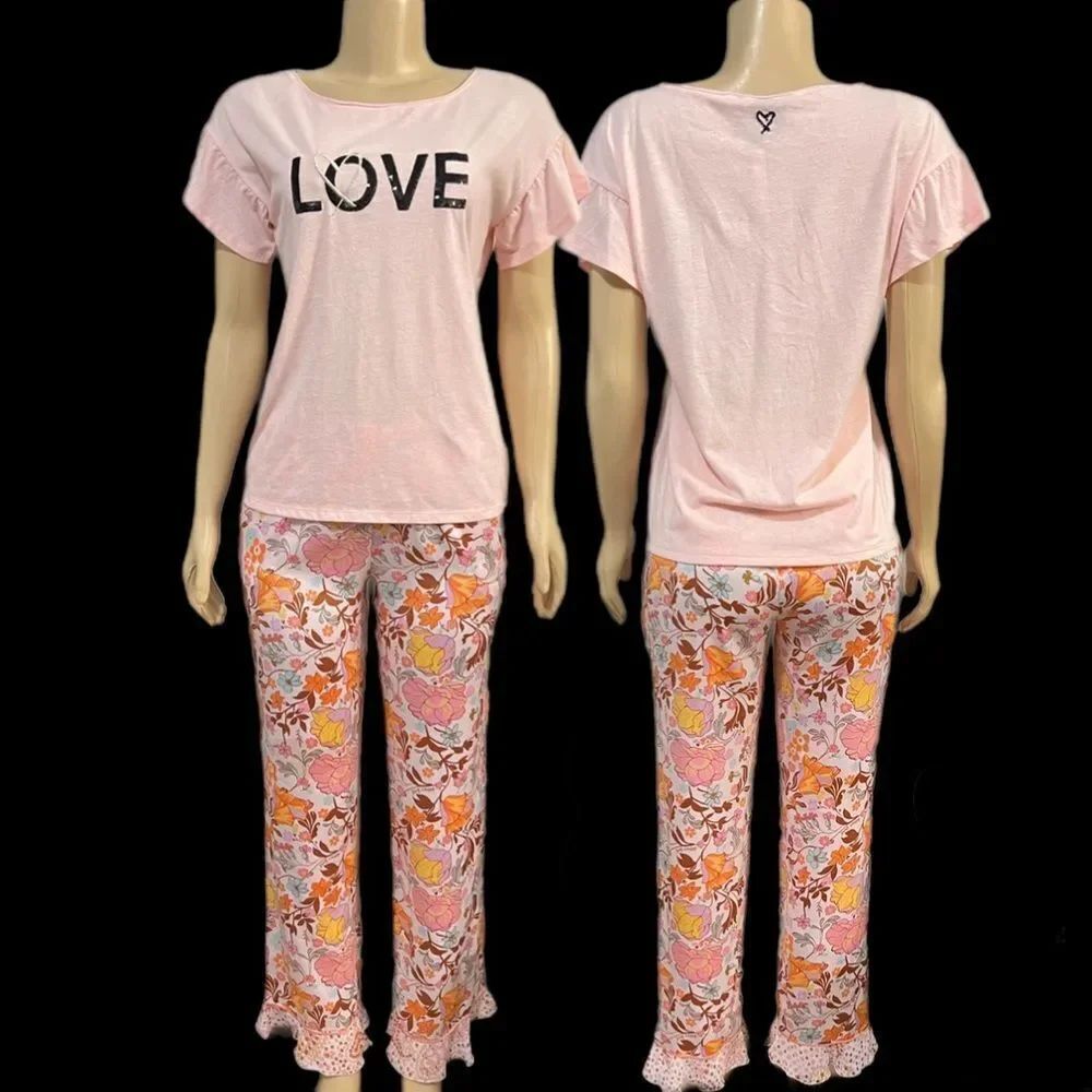 Victorias Secret Soft Silky Satin pants & Soft Cotton Sequin Love pajama Set S